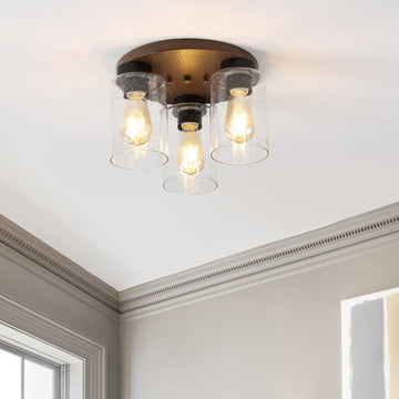 Nola 13" Bohemian Farmhouse Iron/Seeded Glass LED Semi Flush Mount - JONATHAN Y